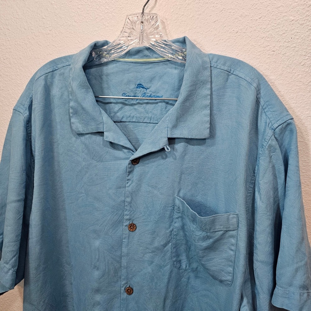 Tommy Bahama Mens XXL Blue Silk Jacquard Tropical Leaf Camp Shirt Short Sleeve‎